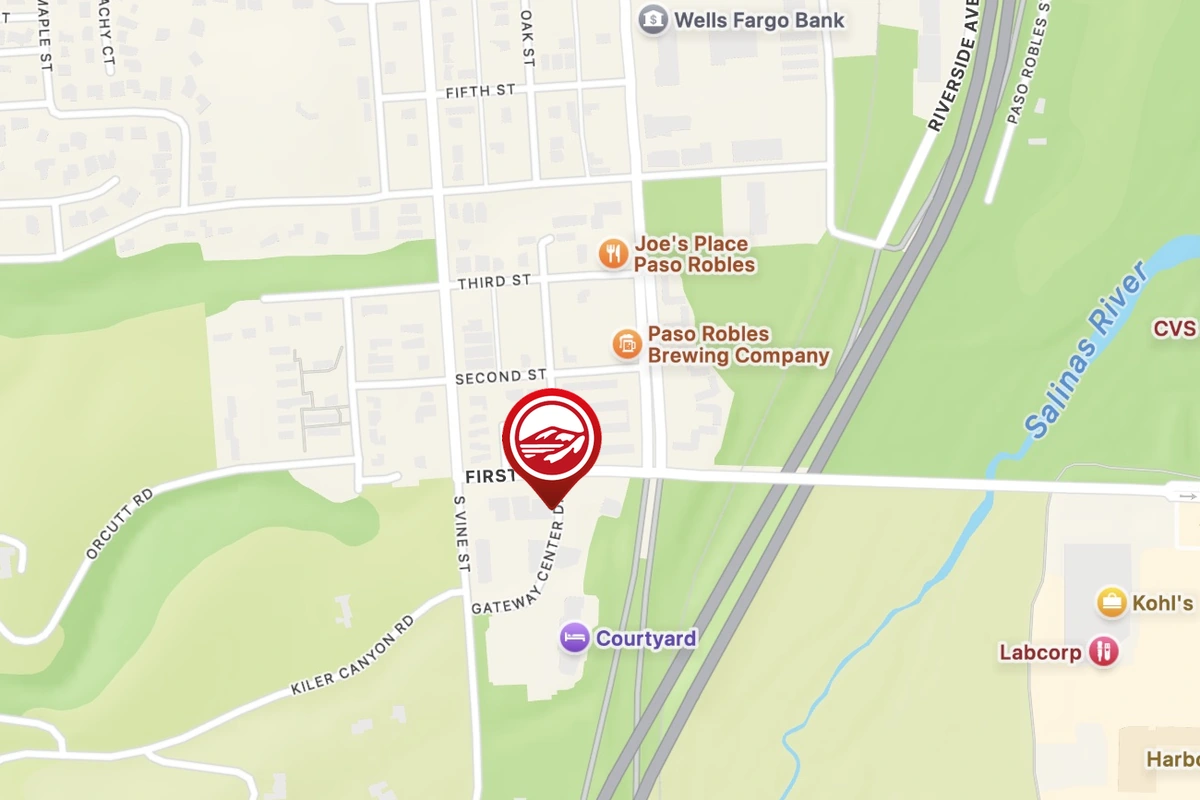 Apple Maps location of 504 First St, Suite A, Paso Robles, with the Pacifica pin at the verified address
