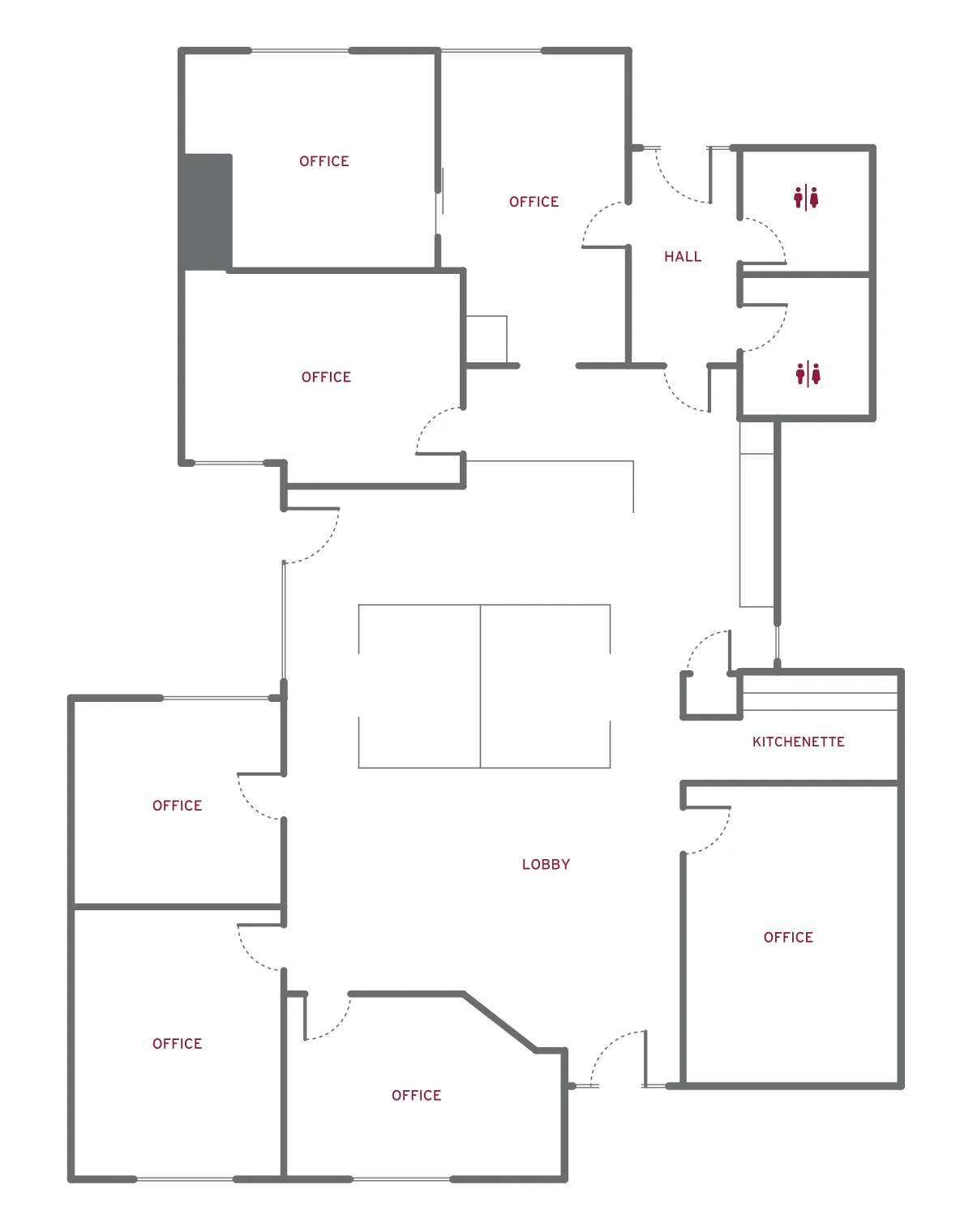 Branded floorplan for 504 First St, Suite A, showing offices, central workspace, two restrooms and kitchenette
